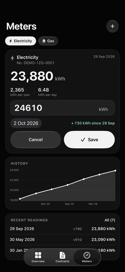 “Meter readings in seconds.” A new electricity meter reading being typed in, with usage and a trend chart below.